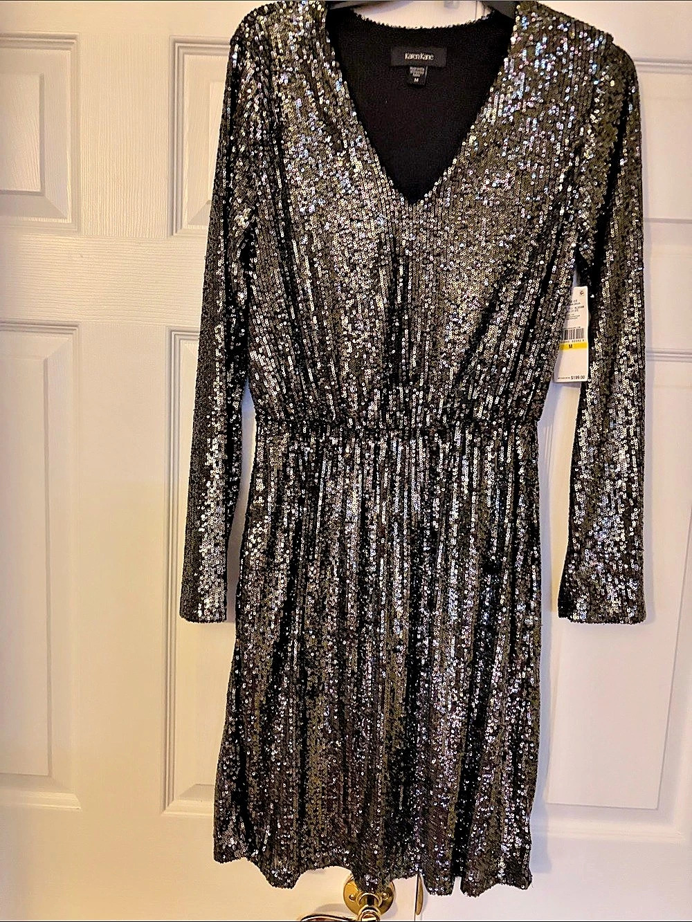 Karen Kane Long Sleeve Sequin Dress Black & Silver Size Medium